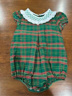 Classic Green Plaid Baby Bubble Romper with White Ruffle Collar